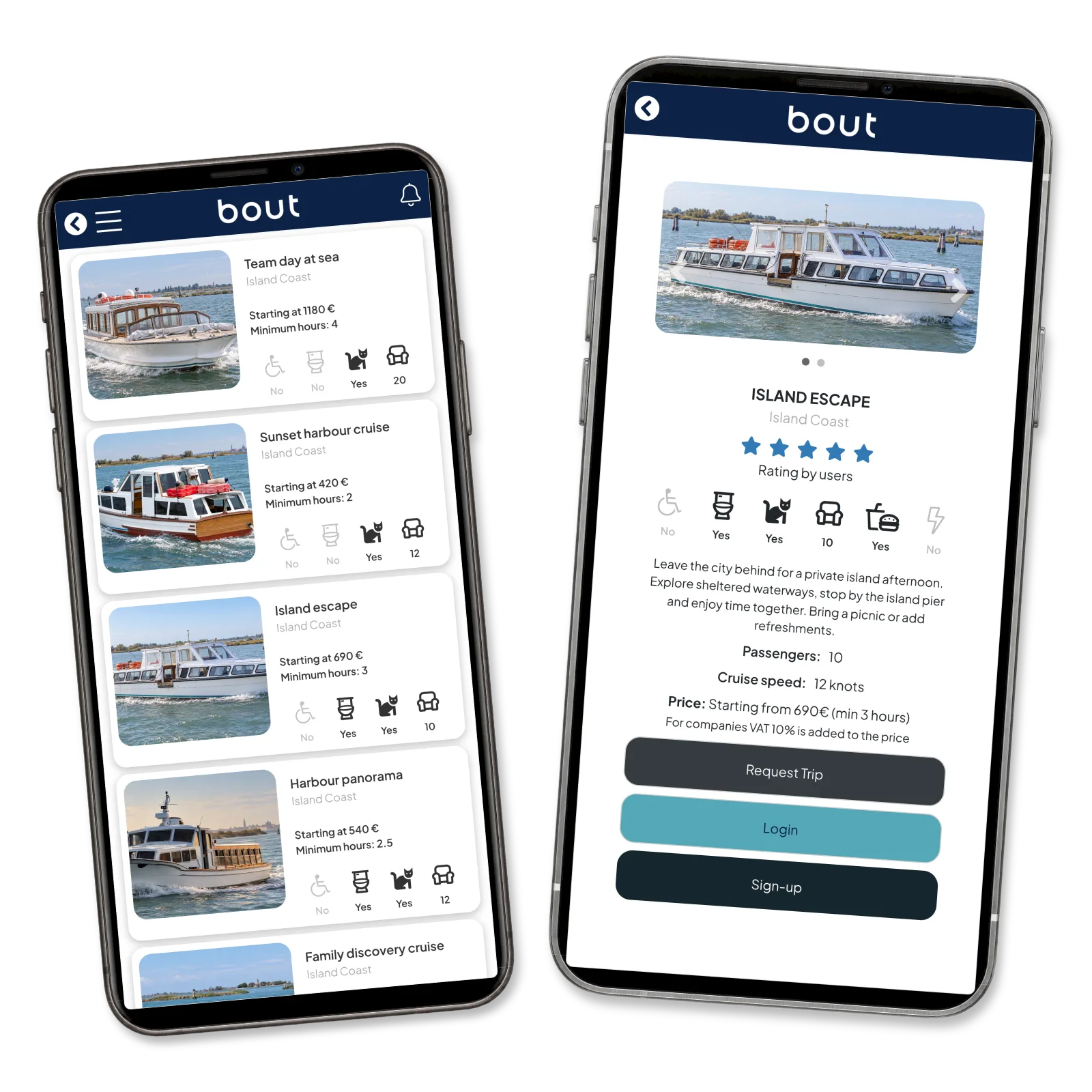 Bout catalogue beside the Island escape package with boat photo, amenities and duration.
