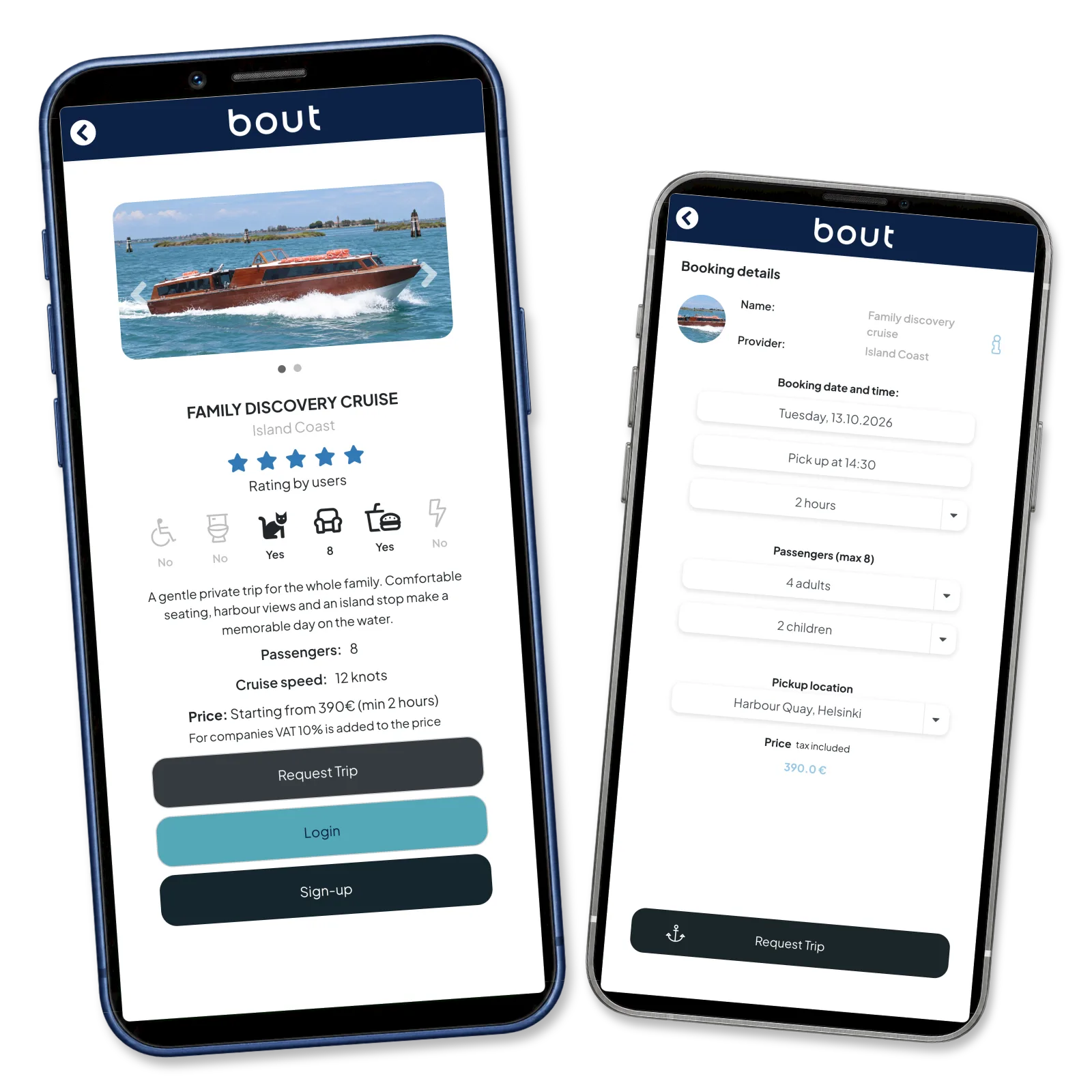 Family cruise details beside a booking form for four adults and two children.
