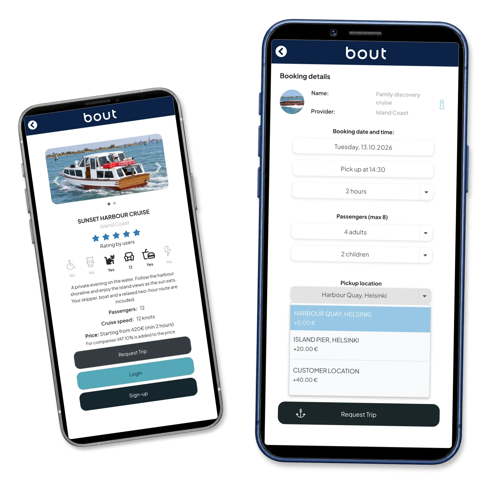 Sunset cruise details beside family booking pickup choices; separate example packages.