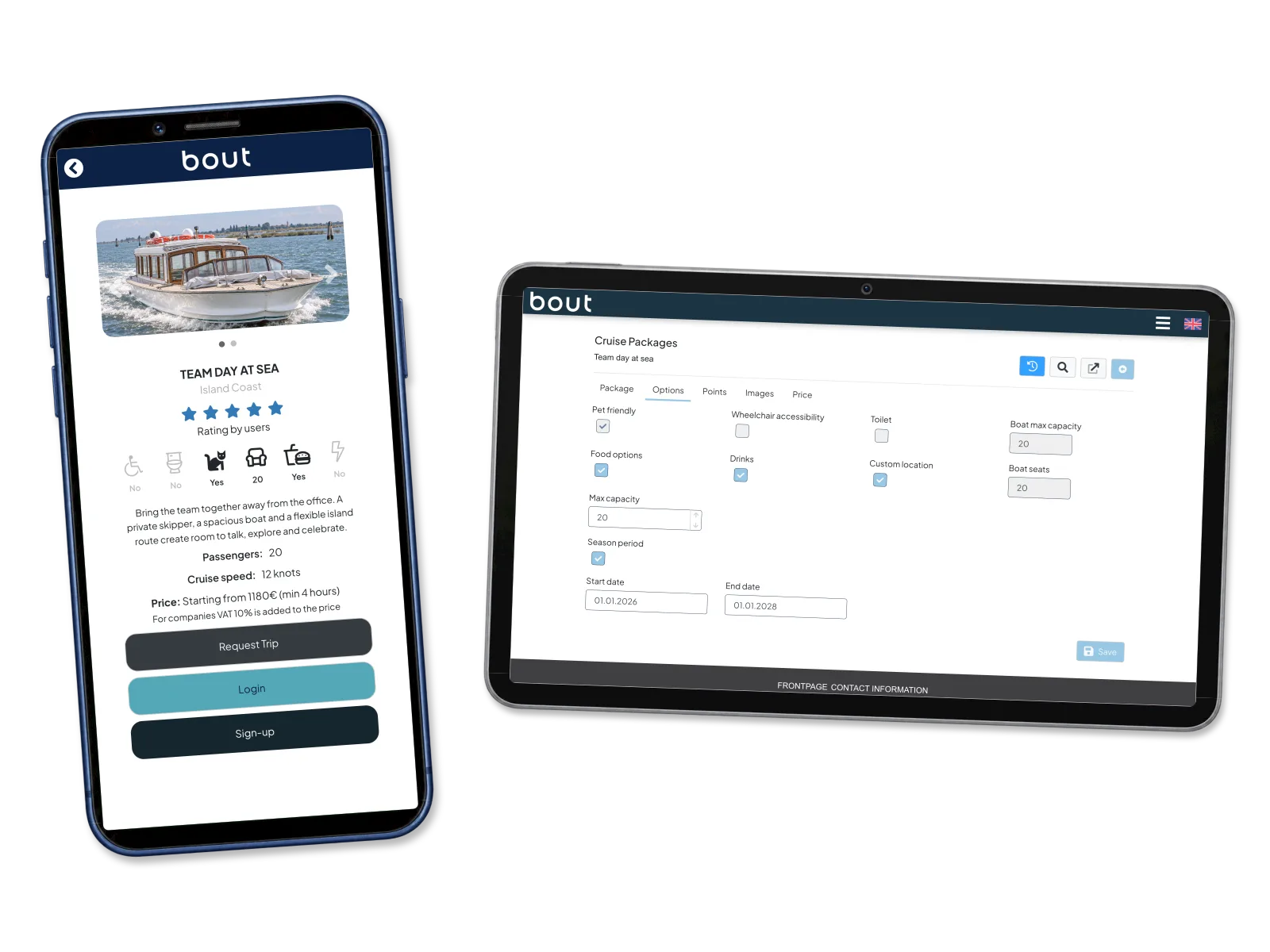 Team cruise details beside provider settings for amenities, capacity and season.