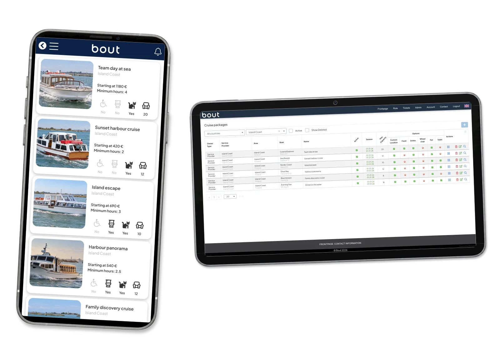 Passenger cruise catalogue beside the provider list of six example packages.