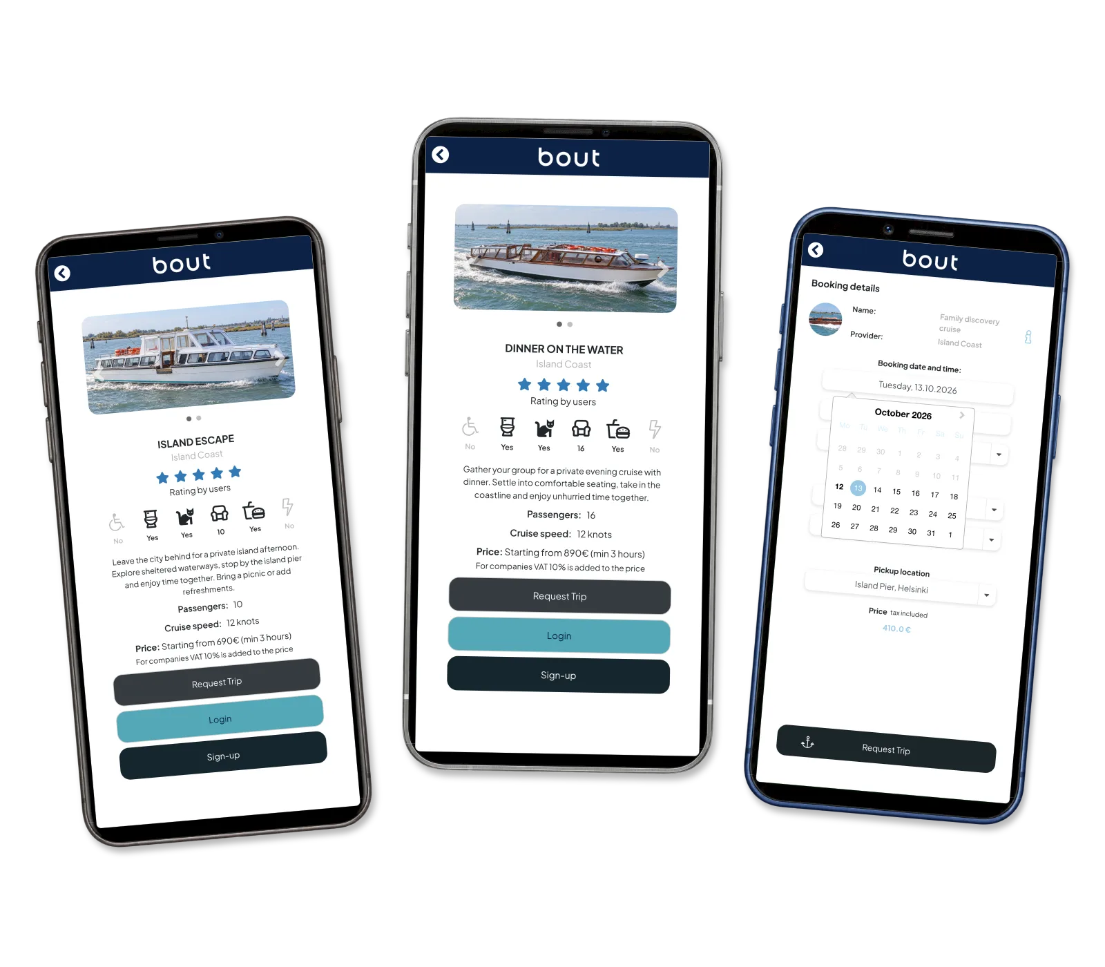 Island and dinner cruise details beside a separate family booking calendar.