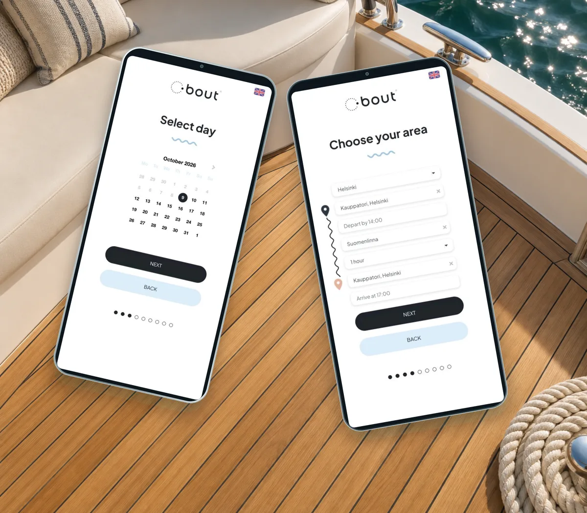 Bout Cruise date and itinerary screens with an example afternoon trip.