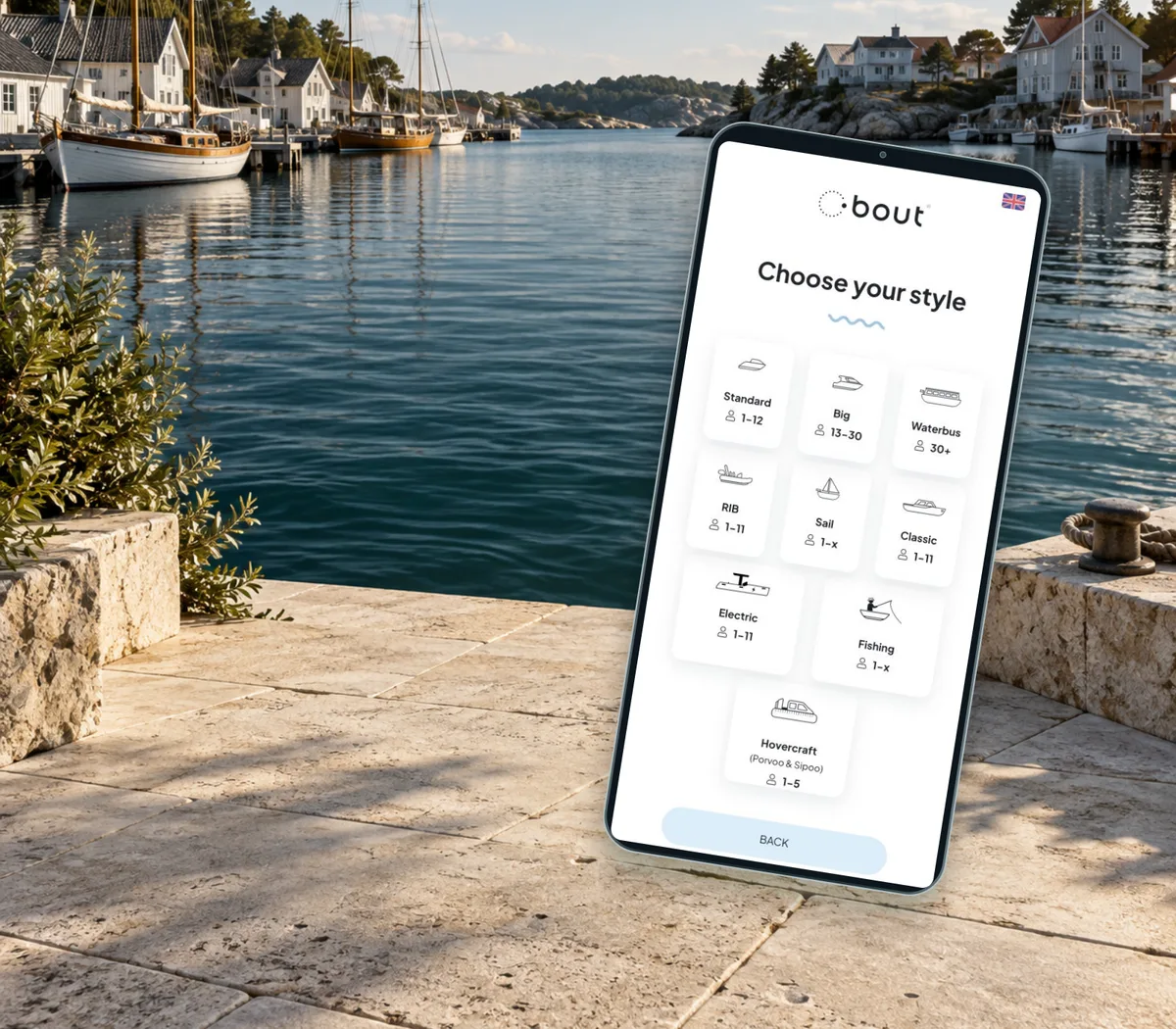The real Bout Cruise boat-selection screen on a phone in an illustrative Nordic harbour scene.