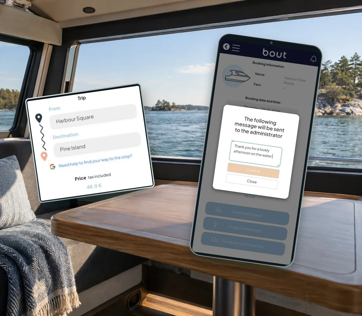 Real trip summary and an unsent feedback draft in Bout, displayed in an illustrative boat cabin.