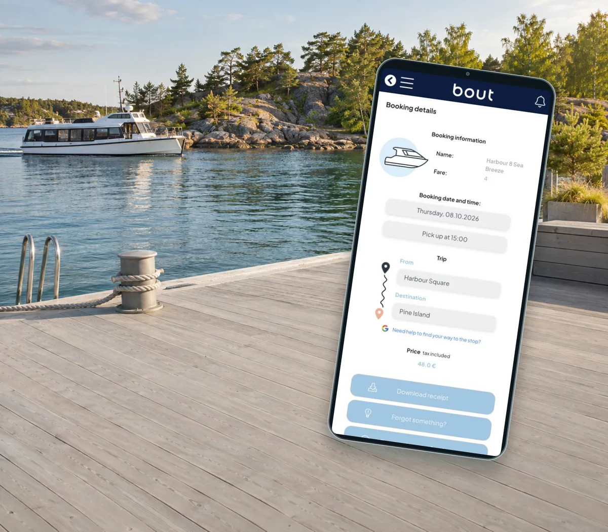 Completed Bout Ride trip details on a phone beside an illustrative island harbour; example fare and route.