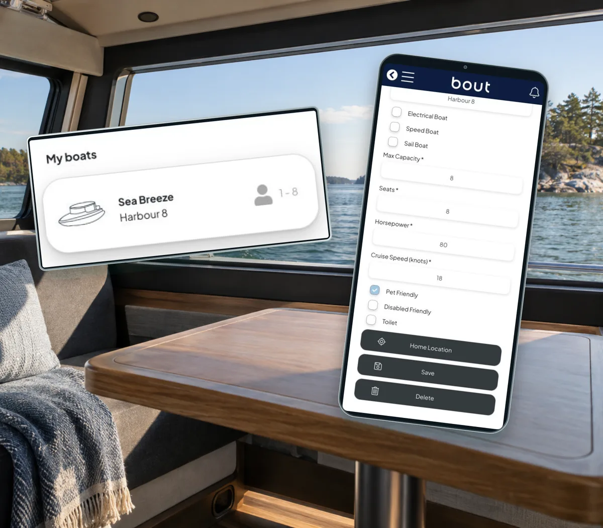 Captain boat list and real capacity, speed and facilities fields for a fictional boat, in an illustrative cabin.
