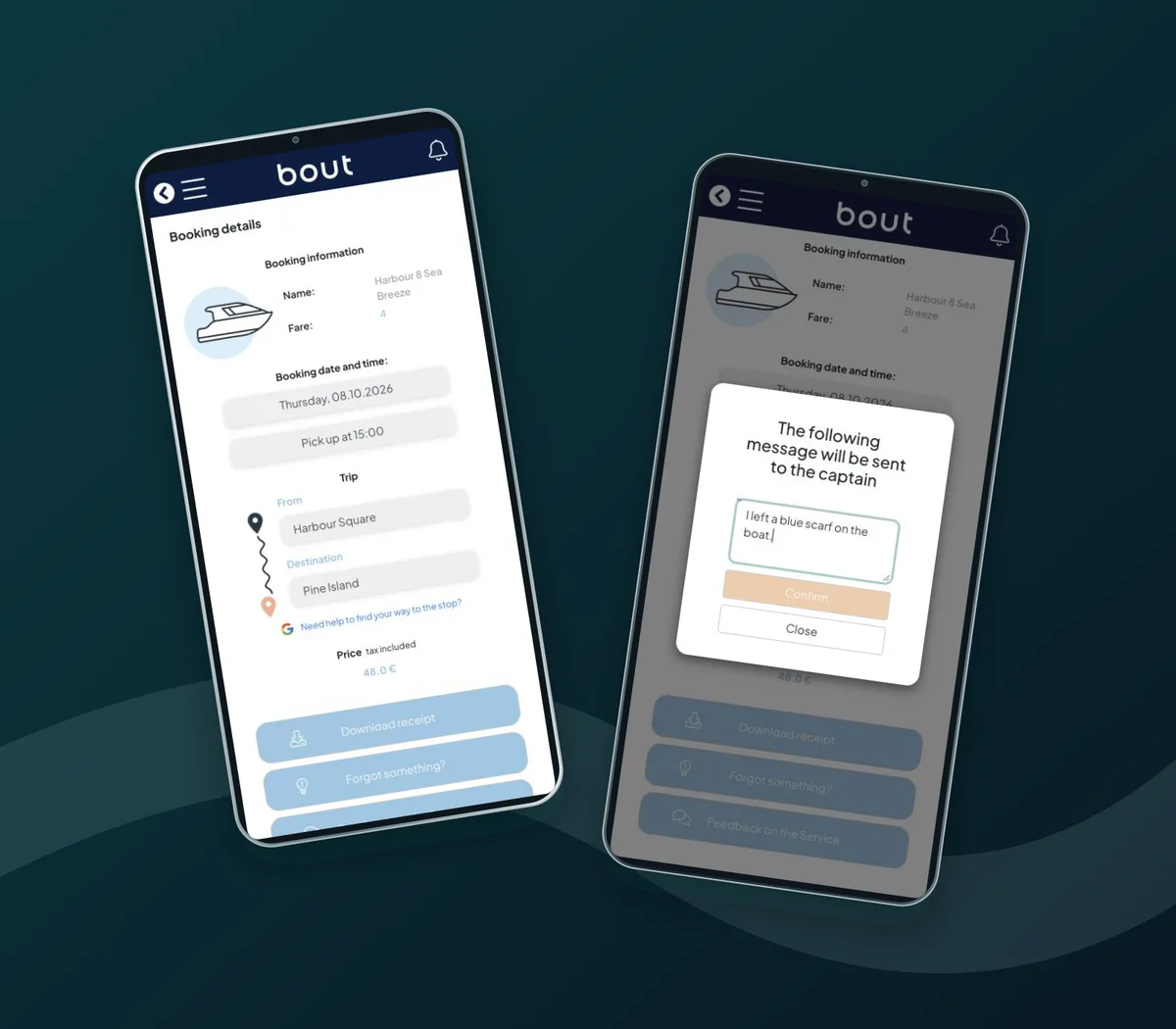 Completed-trip details and an unsent lost-item message draft to the captain in the real Bout interface.