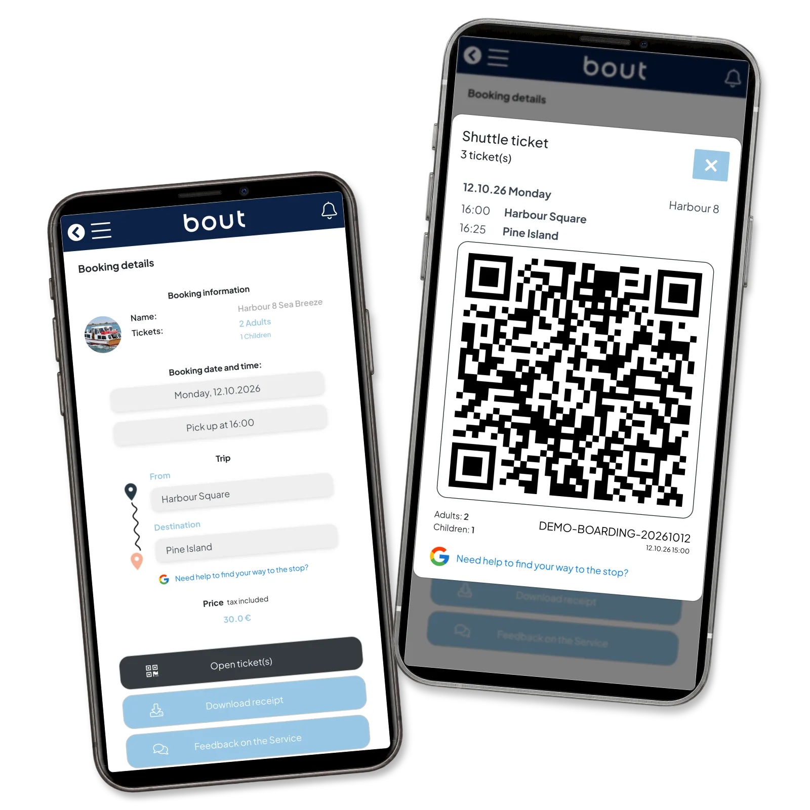 Booking details for two adults and one child beside their three-ticket QR code.