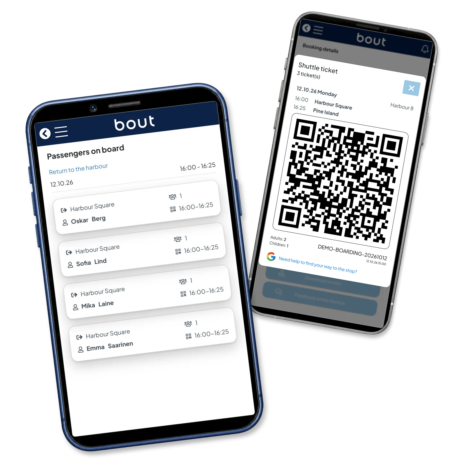 Inspector passenger list beside a family QR ticket. These are separate departures, not a demonstrated scan.