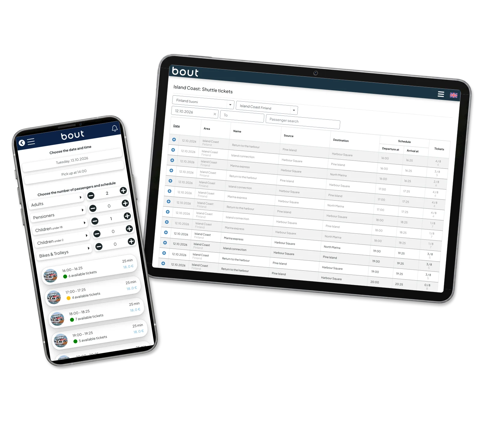 Operator departure table on a landscape tablet beside passenger departure selection on a phone. The two views show separate dates.
