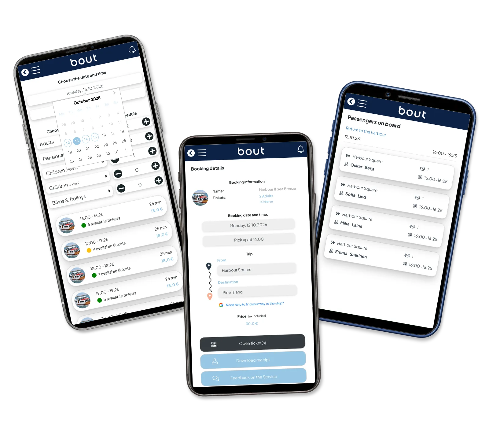 Calendar selection, family booking details and an inspector passenger list on three phones, showing separate example journeys.