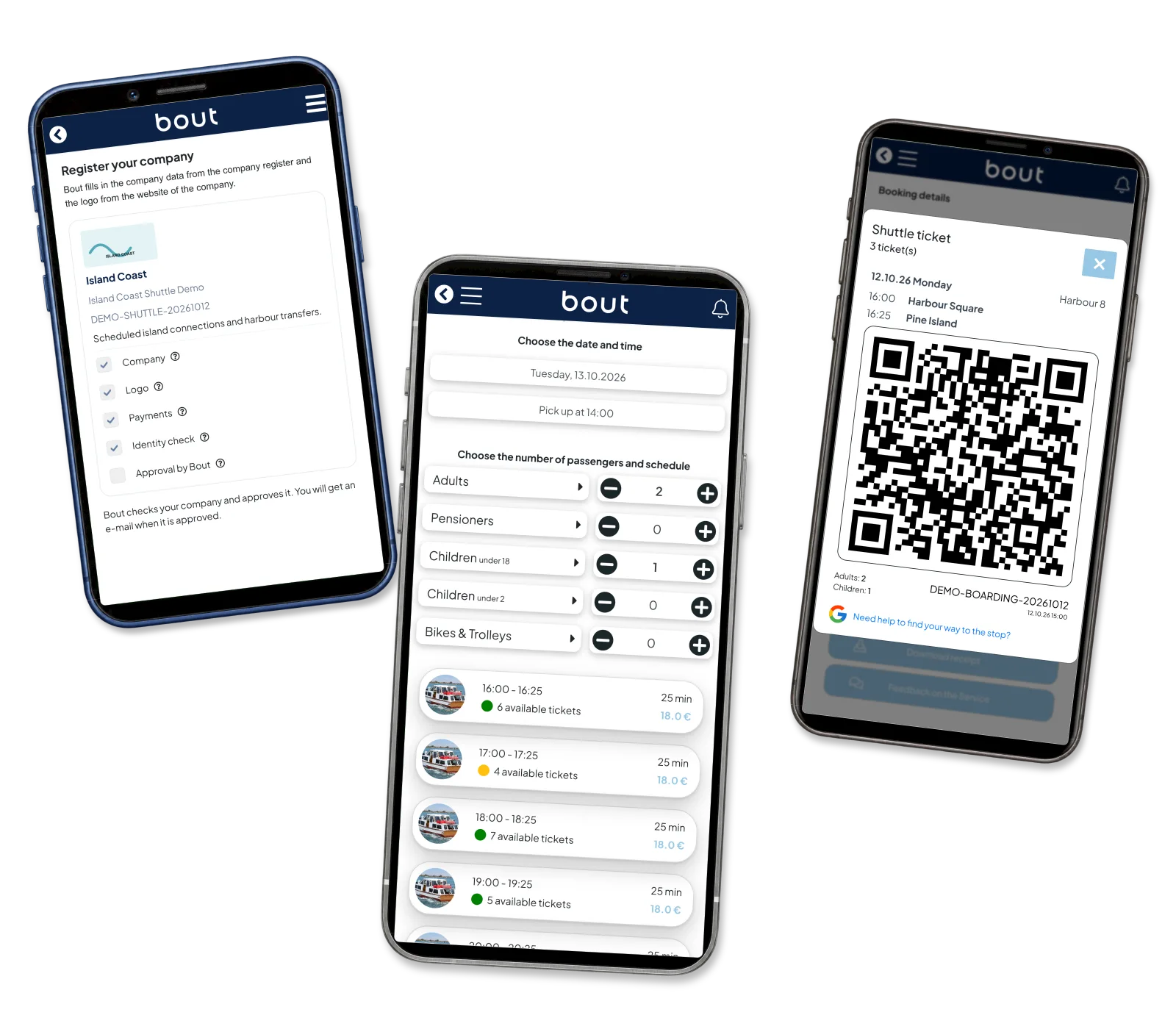 Company registration progress, passenger departure choices and a family QR ticket on three phones. Demo registration awaits Bout approval.