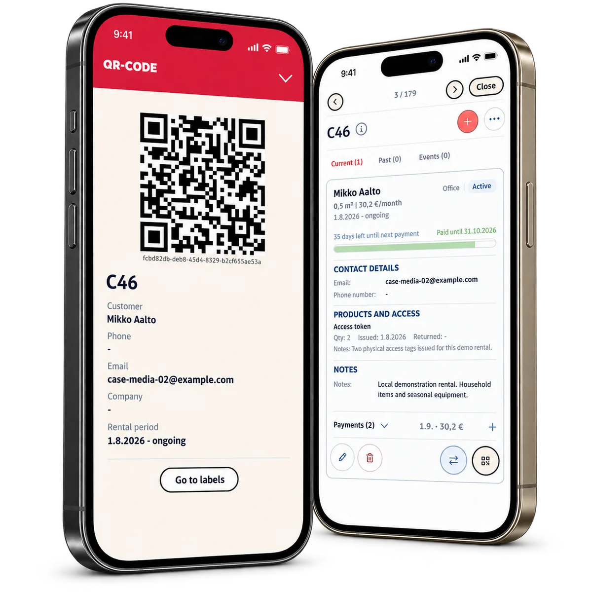 En QR-etikett för en lokal demouthyrning och dess uppgifter på två telefoner.