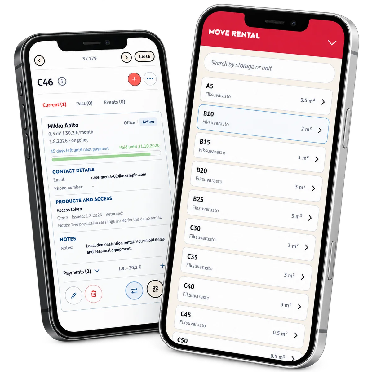 Easy Storages hyresuppgifter bredvid mobilvalet av nytt förråd för en uthyrning.