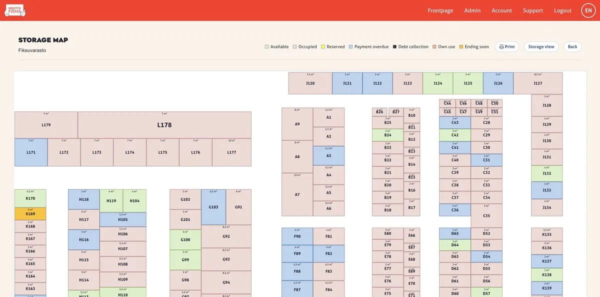 Easy Storage map showing storage unit sizes and occupancy states