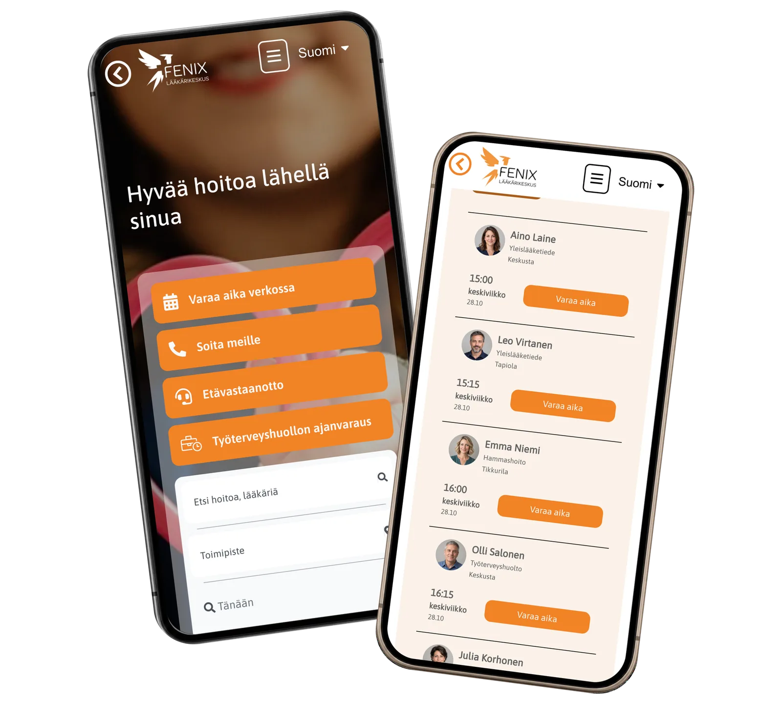 Fenix application: Move from finding care to choosing a visit. Real interface with fictional demonstration data.