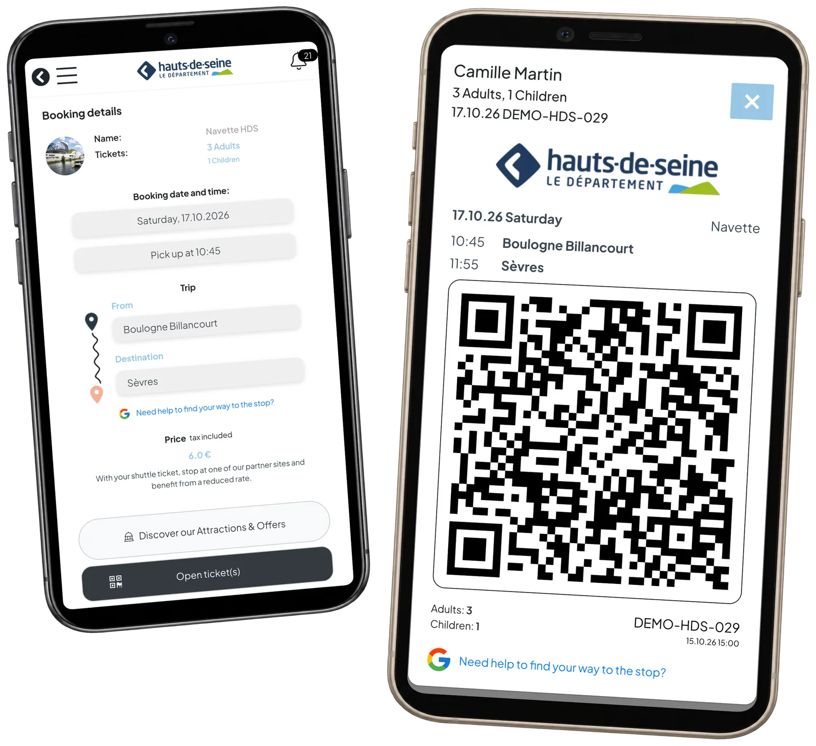 HDS-bokning för tre vuxna och ett barn bredvid samma boknings QR-demobiljett på två telefoner.