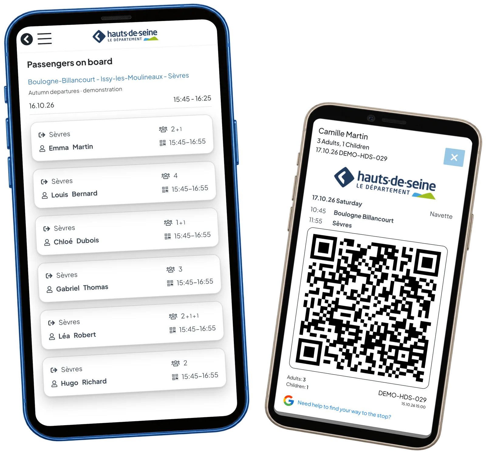 HDS-besättningens passagerarlista och en QR-biljett på olika telefoner, från separata demoresor.