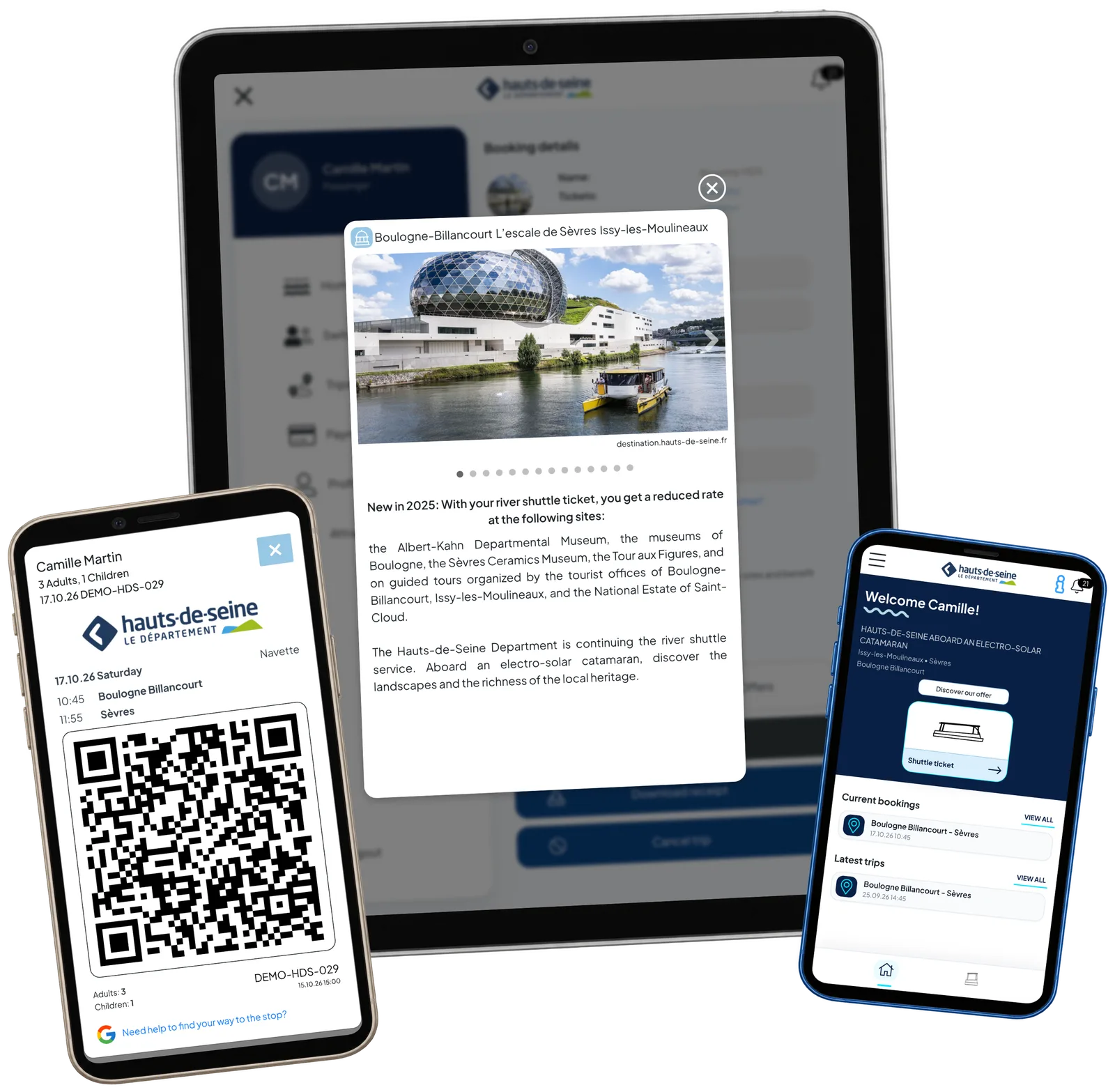 HDS Navettes besöksmål, resenärsstartsida och QR-biljett på surfplatta och telefoner; nuvarande gränssnitt med demodata.
