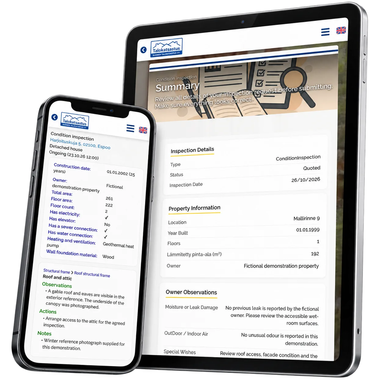 Katsastus Tarkka prototype: Connect the customer’s request with the inspection record. Device collage with fictional local records.