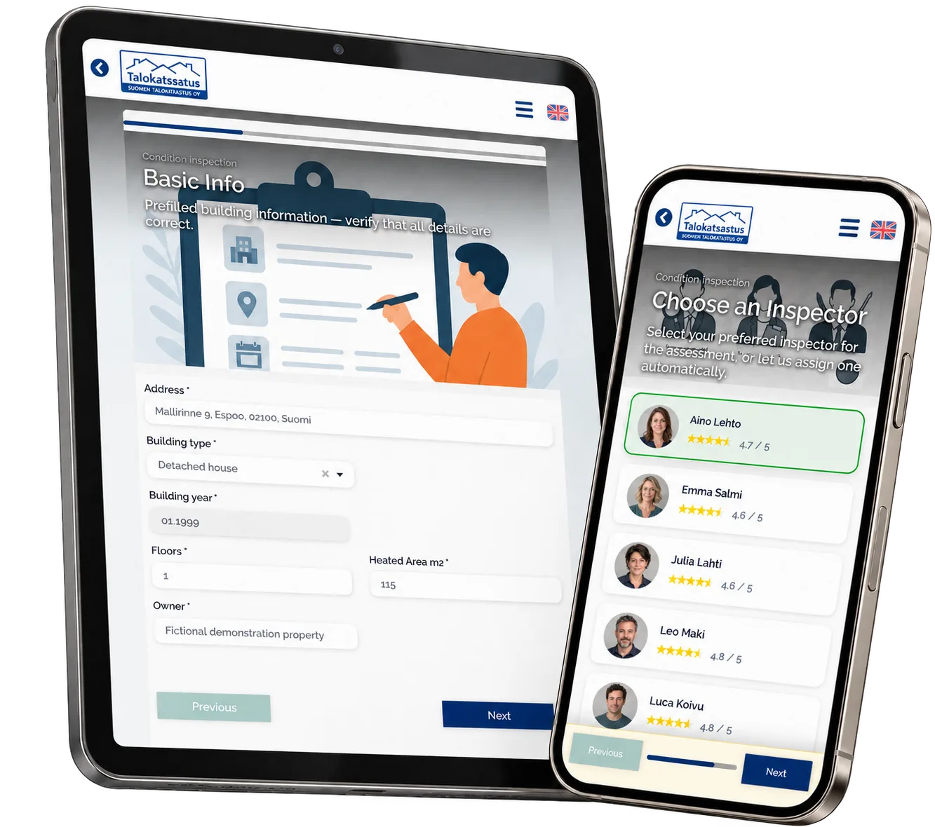Katsastus Tarkka prototype on a portrait tablet and phone: property information and preferred inspector selection with fictional demonstration records.