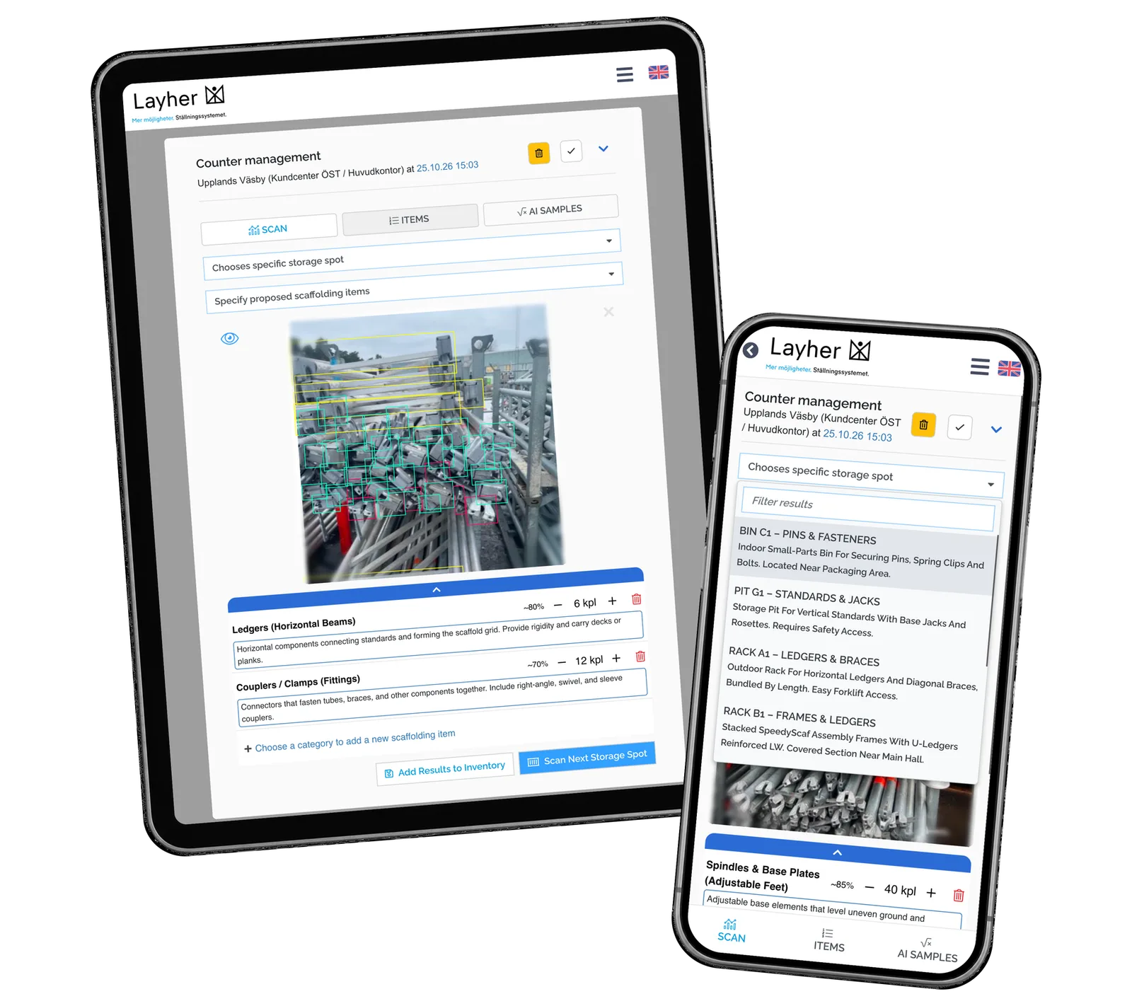 Layher StockCounter prototype: Bring the photograph and storage context into the same workflow. Saved example results and fictional local records.