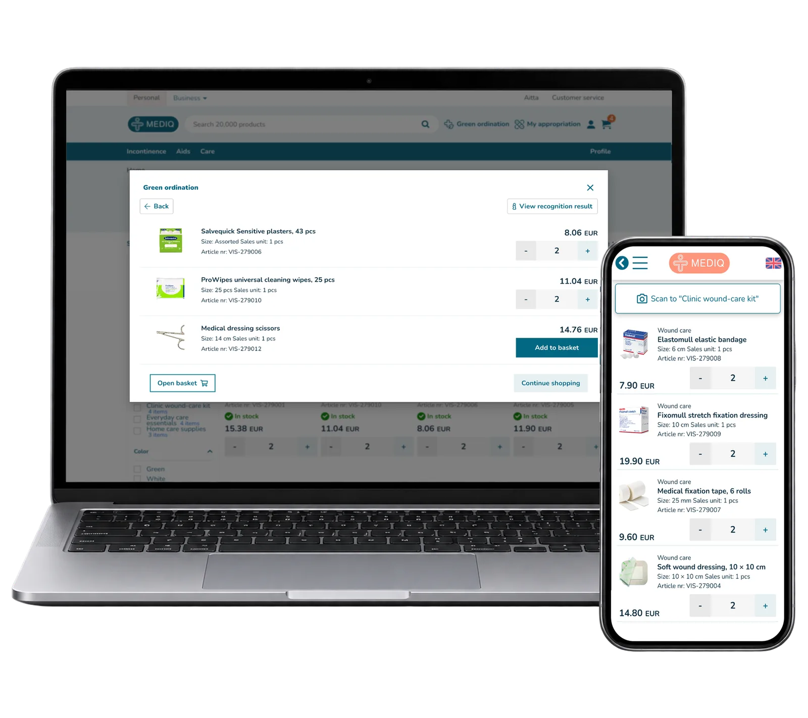 Three products matched from a fictional uploaded document on a laptop and a separate mobile supply list.