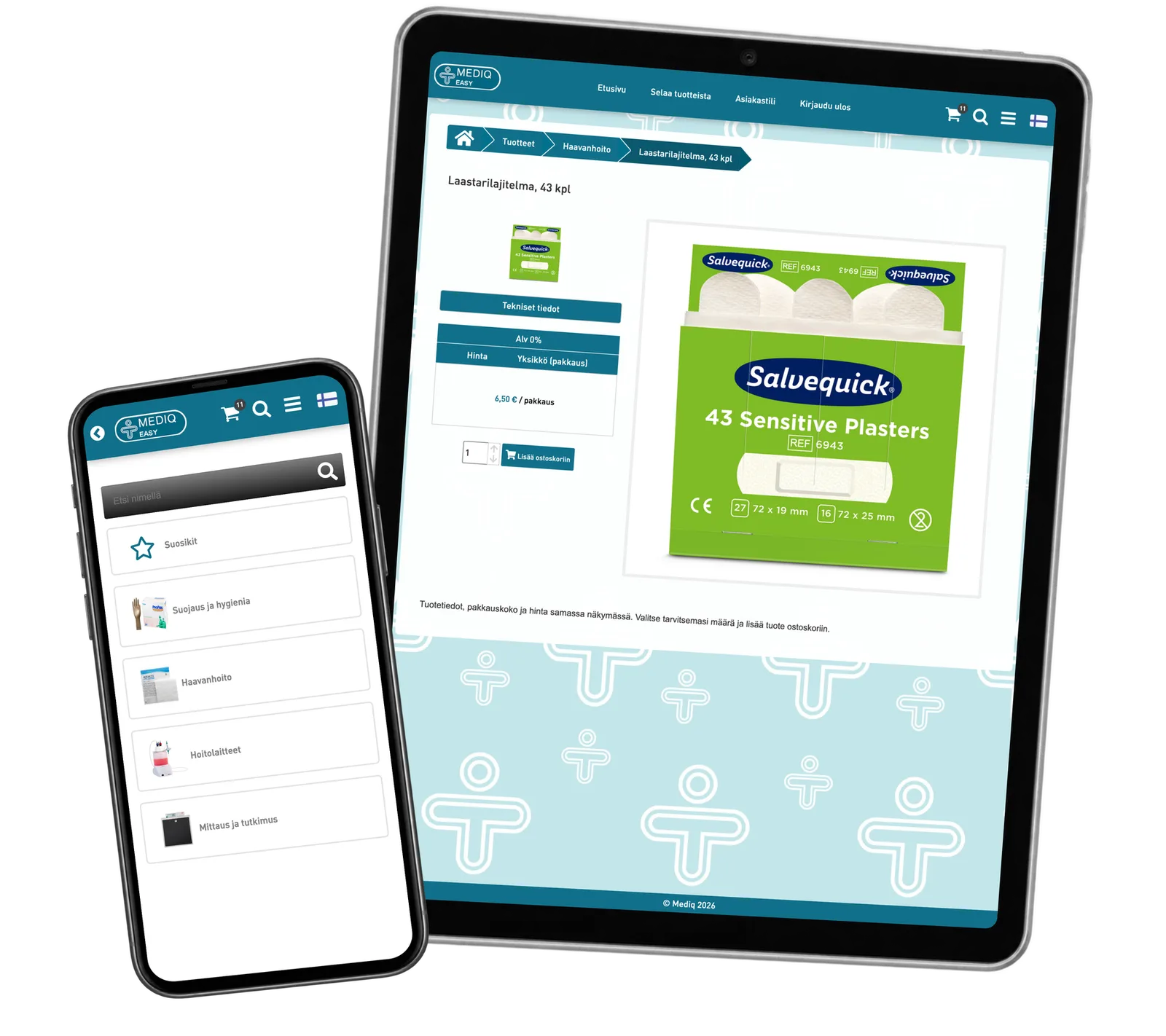 A plaster assortment on a portrait tablet beside the Mediq Easy category catalogue on a phone.