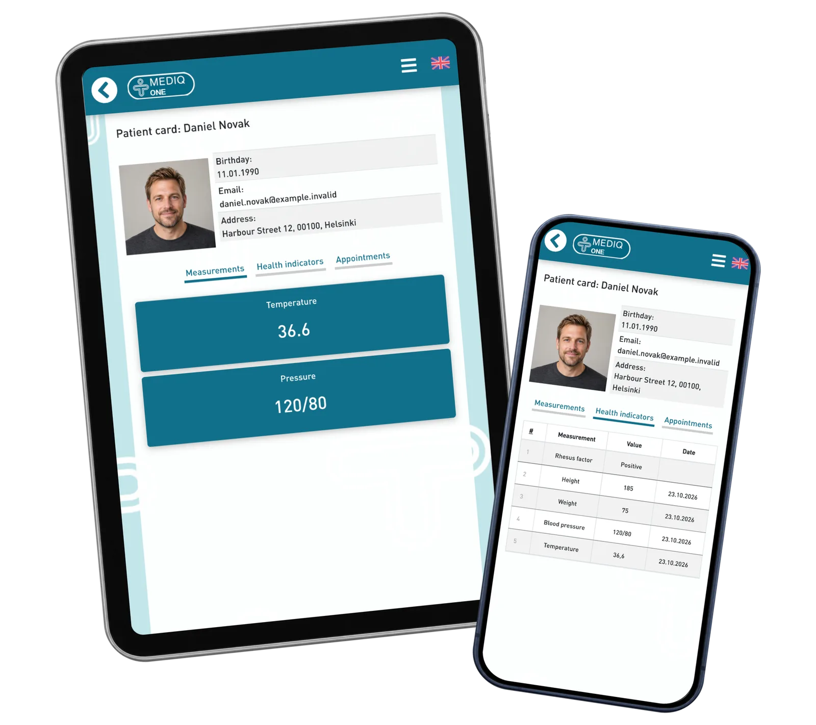 A fictional patient’s card on a small tablet and personal indicators on a phone.