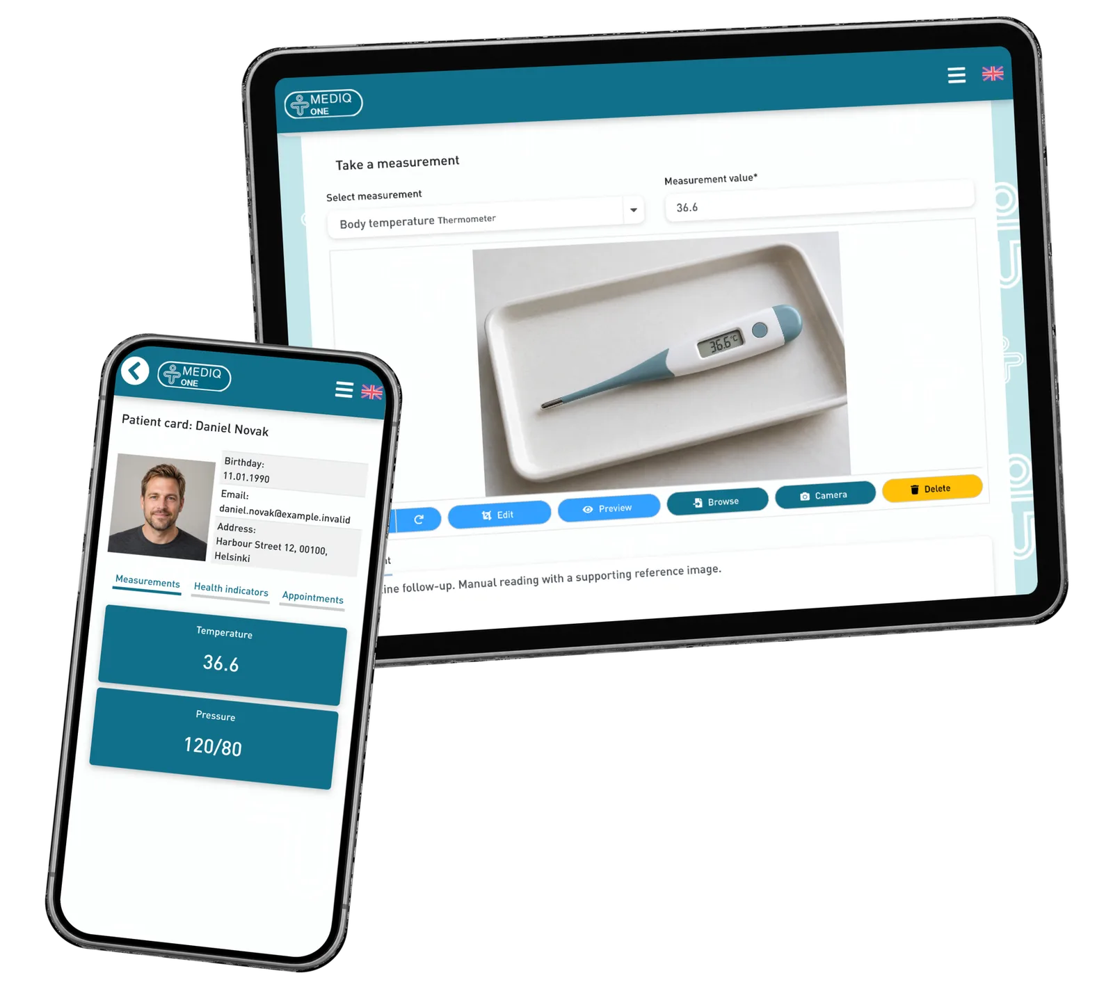 Observation entry with an uploaded reference photo on a tablet and a patient’s own card on a phone.