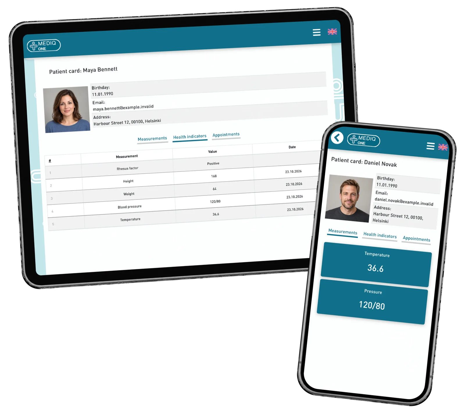 Professional patient indicators on a tablet and a different patient’s own card on a phone. Fictional demonstration records.
