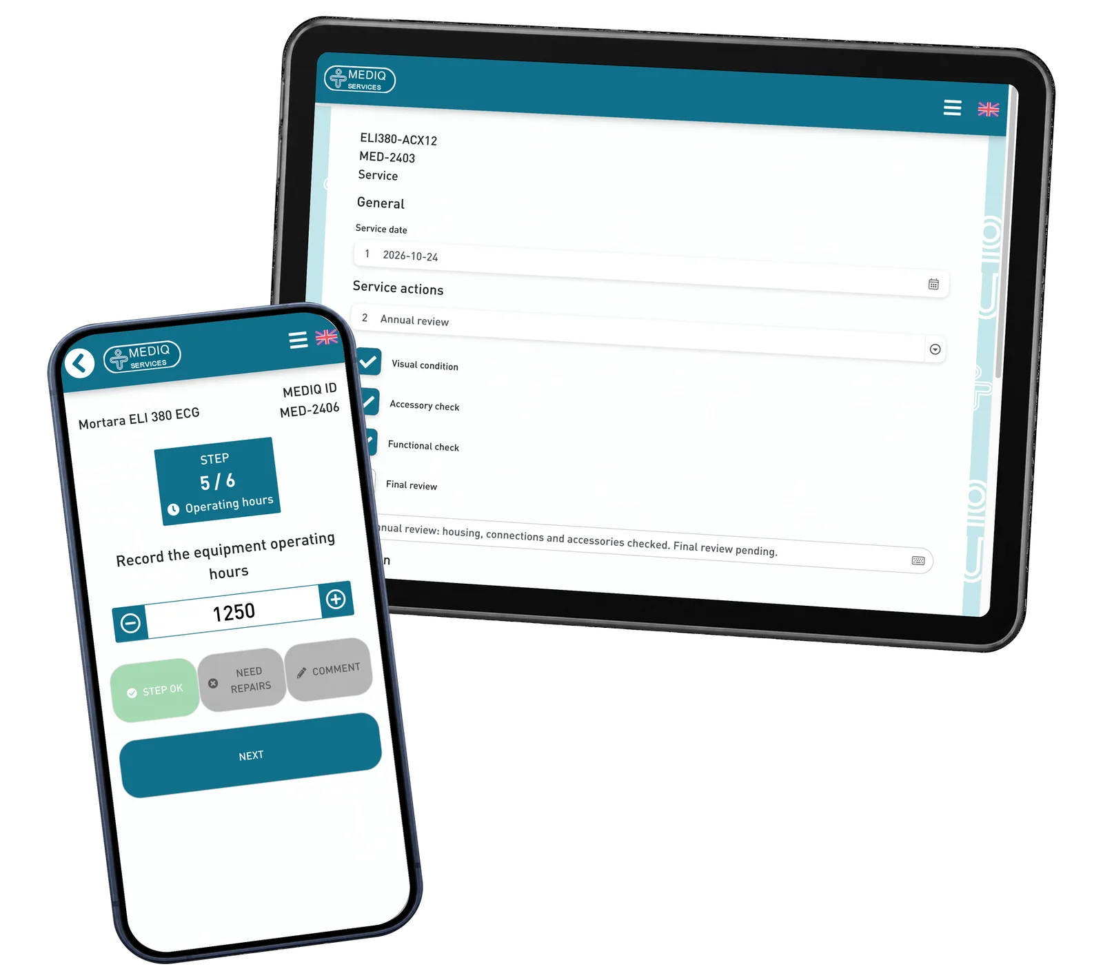 Mediq Services prototype: Bring operating hours and scheduled service work into the same equipment workflow. Fictional demonstration data.
