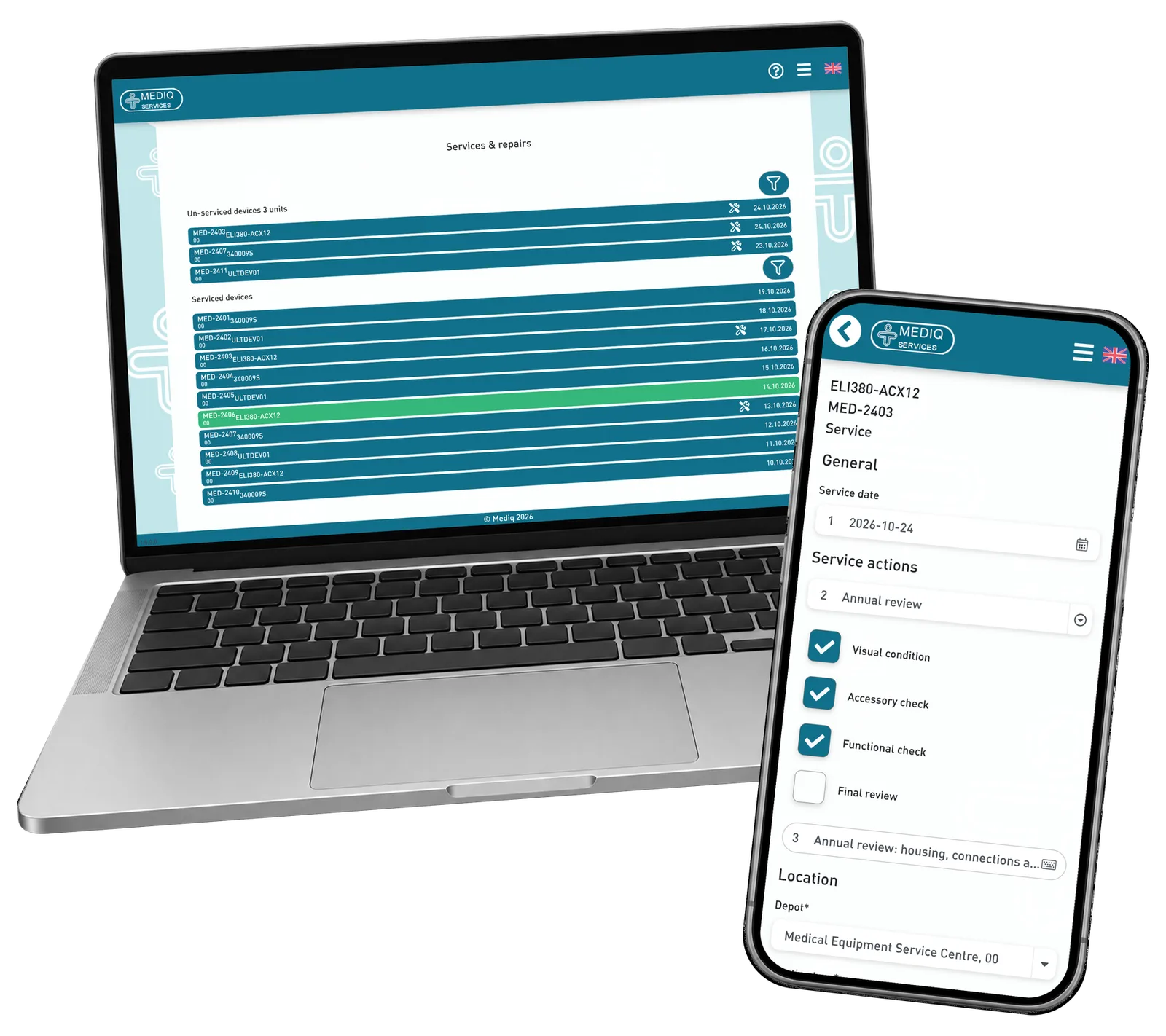 Mediq Services prototype: Move from the service queue to the actions for an individual device. Fictional demonstration data.