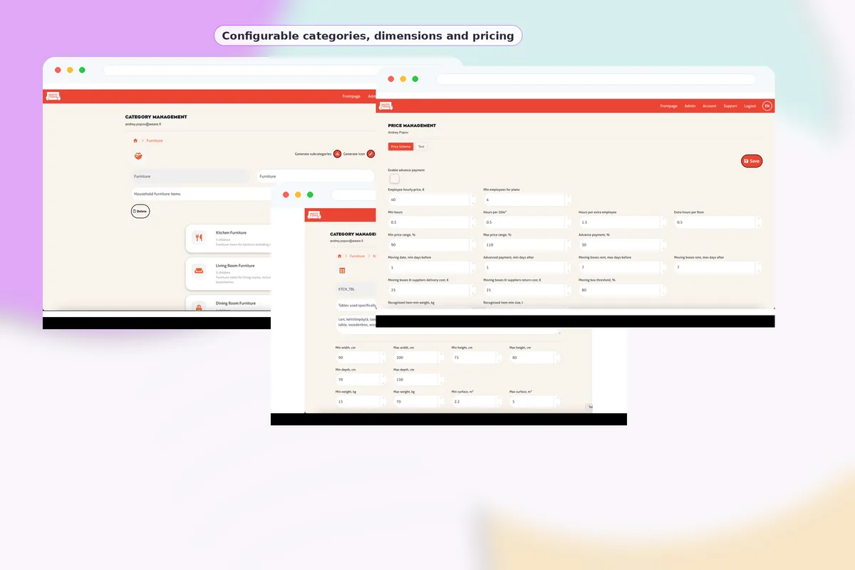 EasyMove back-office configuration and pricing management screens.