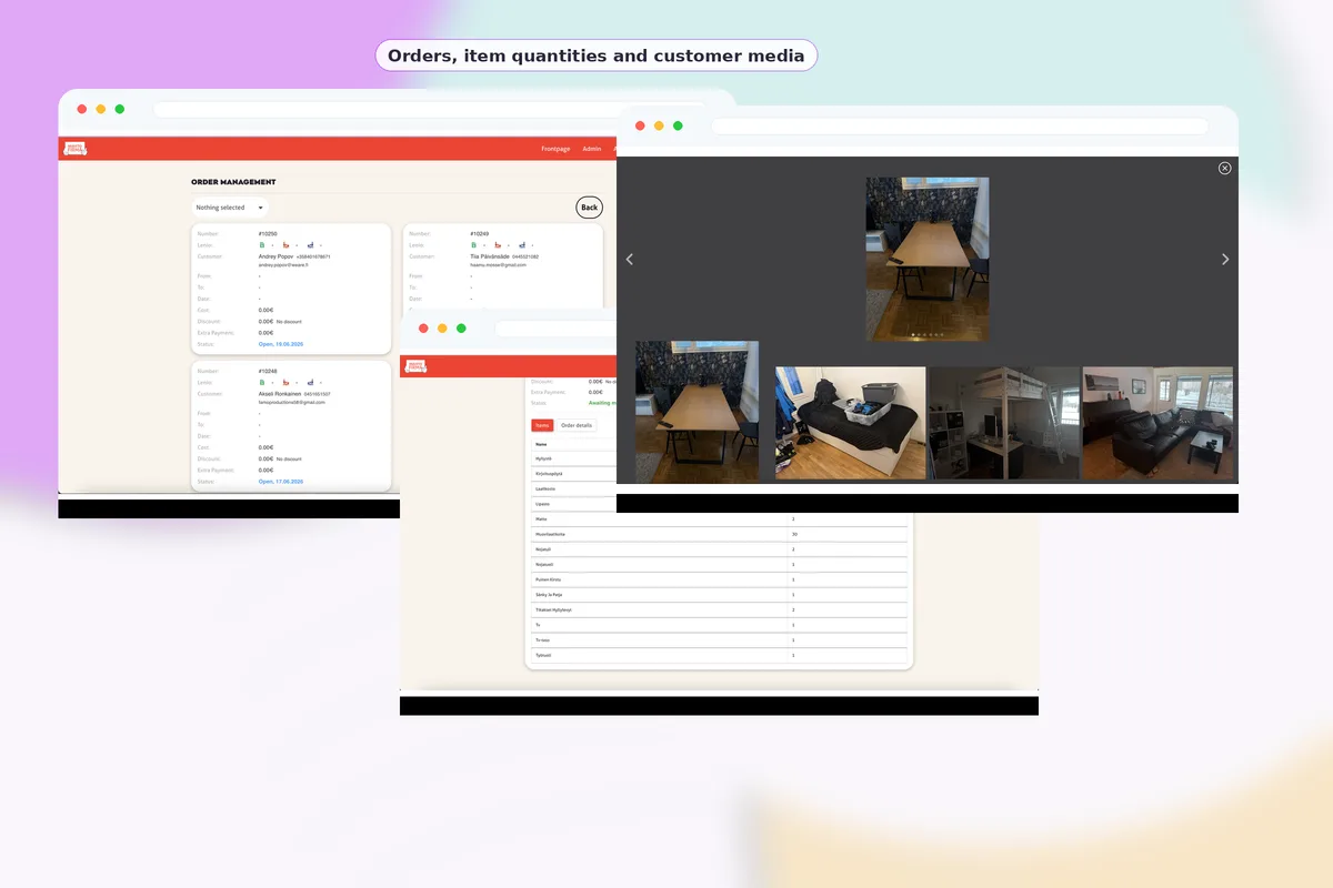 EasyMove order management, uploaded media and item review screens.