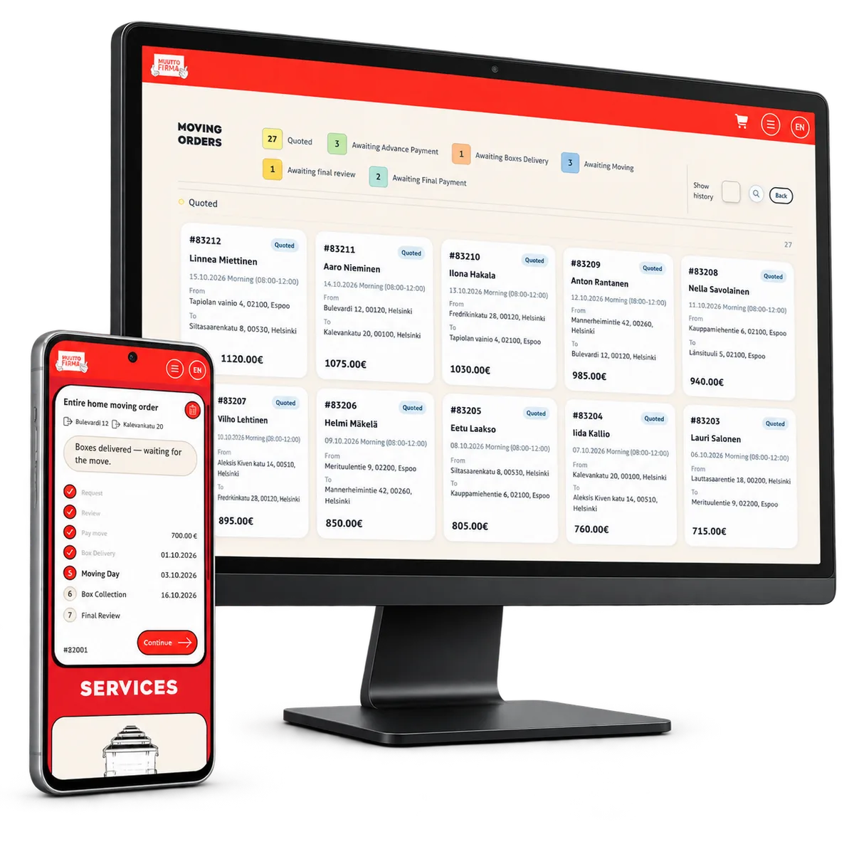 EasyMoves orderöversikt på en datorskärm och orderstatus på en mindre telefon i förgrunden. Fiktiva order.
