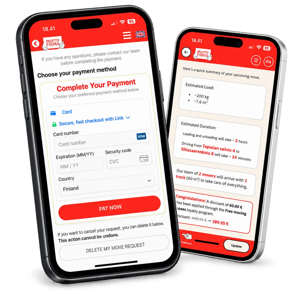 EasyMoves anpassade betalningsvy med tomma betalningsfält bredvid en flyttsammanfattning.