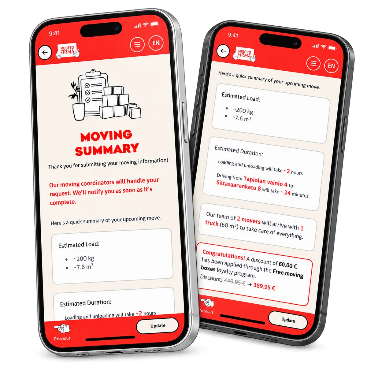 EasyMoves flyttsammanfattning och kostnadsuppskattning på två telefoner med exempelbelopp.