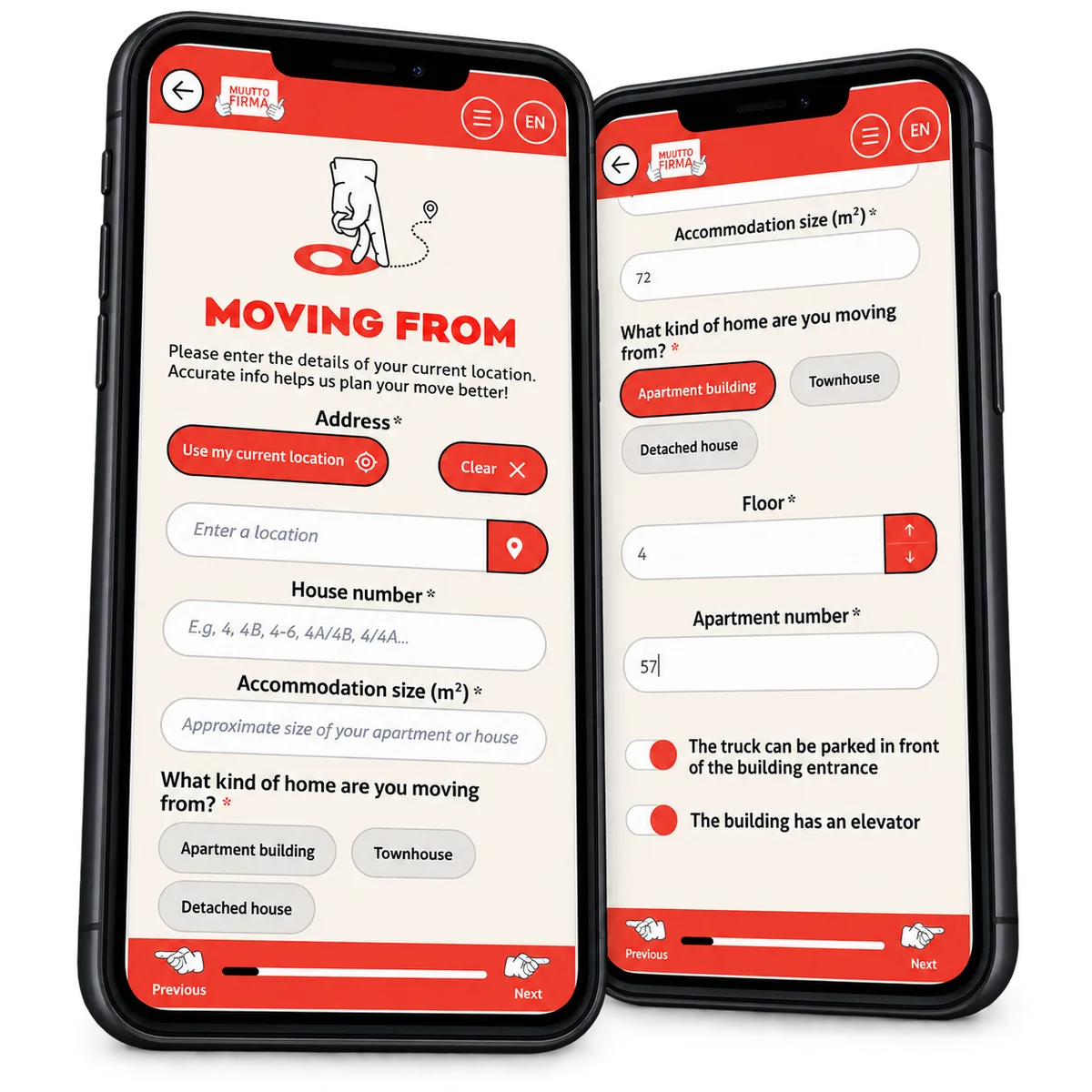 EasyMoves formulär för adress och tillgänglighet i en demokomposition med två telefoner.
