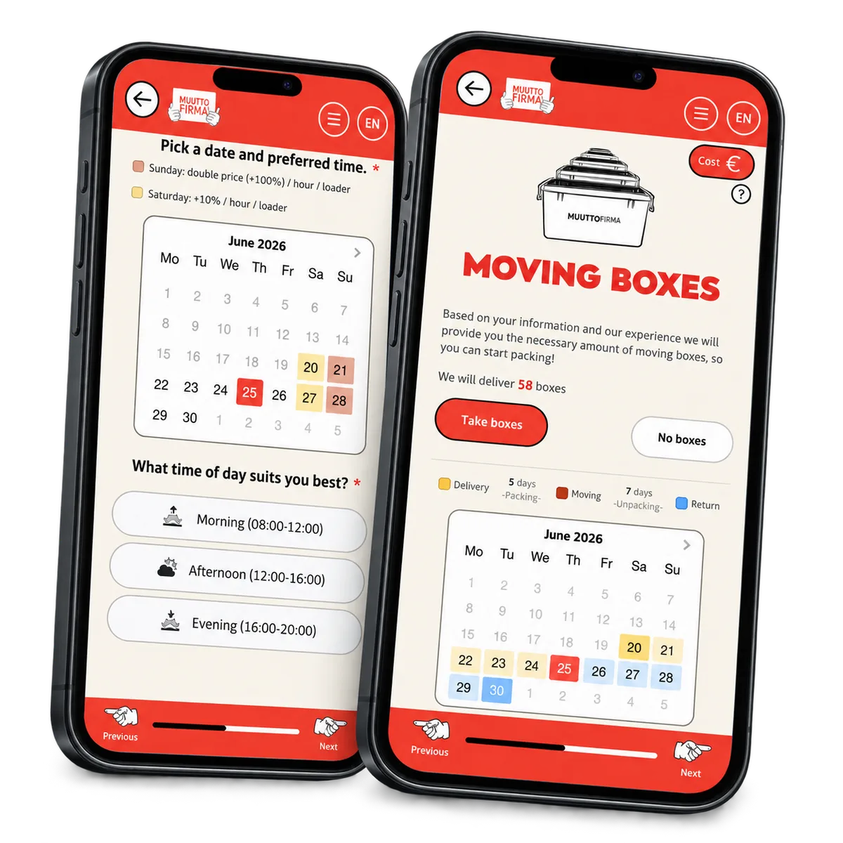 EasyMoves val av flyttdatum och leveranskalender för flyttlådor i en demokomposition.