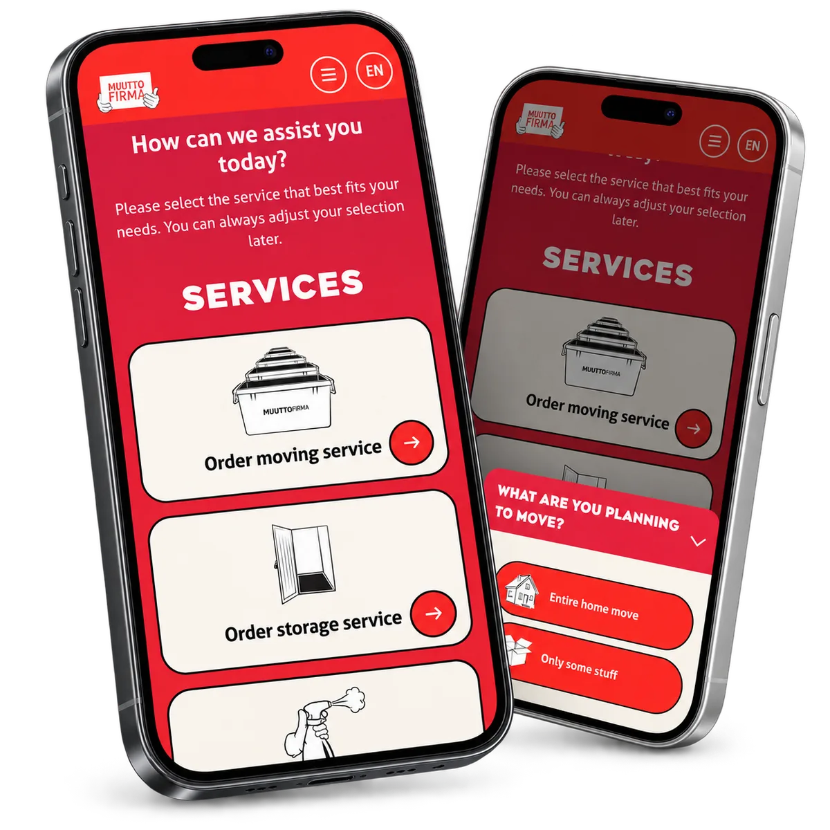 EasyMoves tjänsteval och flyttalternativ på två vinklade telefoner.