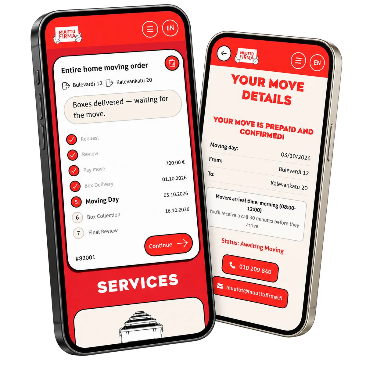 EasyMoves orderstatus och bekräftade flyttuppgifter i två mobilvyer med fiktiva uppgifter.