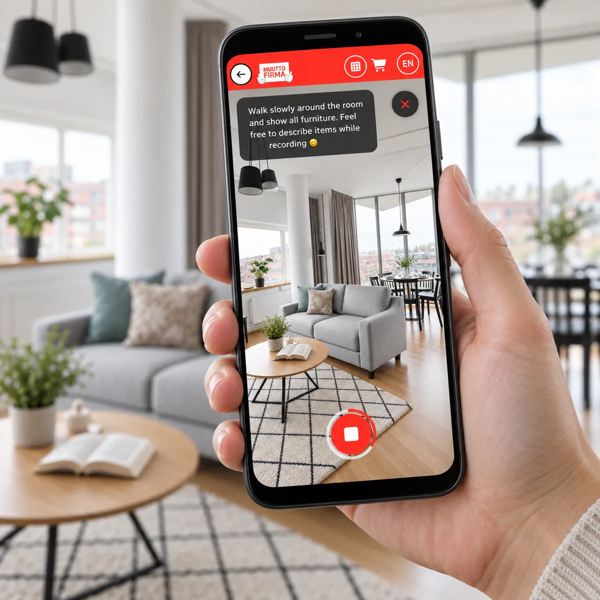 En hand håller en telefon med EasyMoves inspelningsdemo i ett ljust vardagsrum. Illustrativ bildkomposition.
