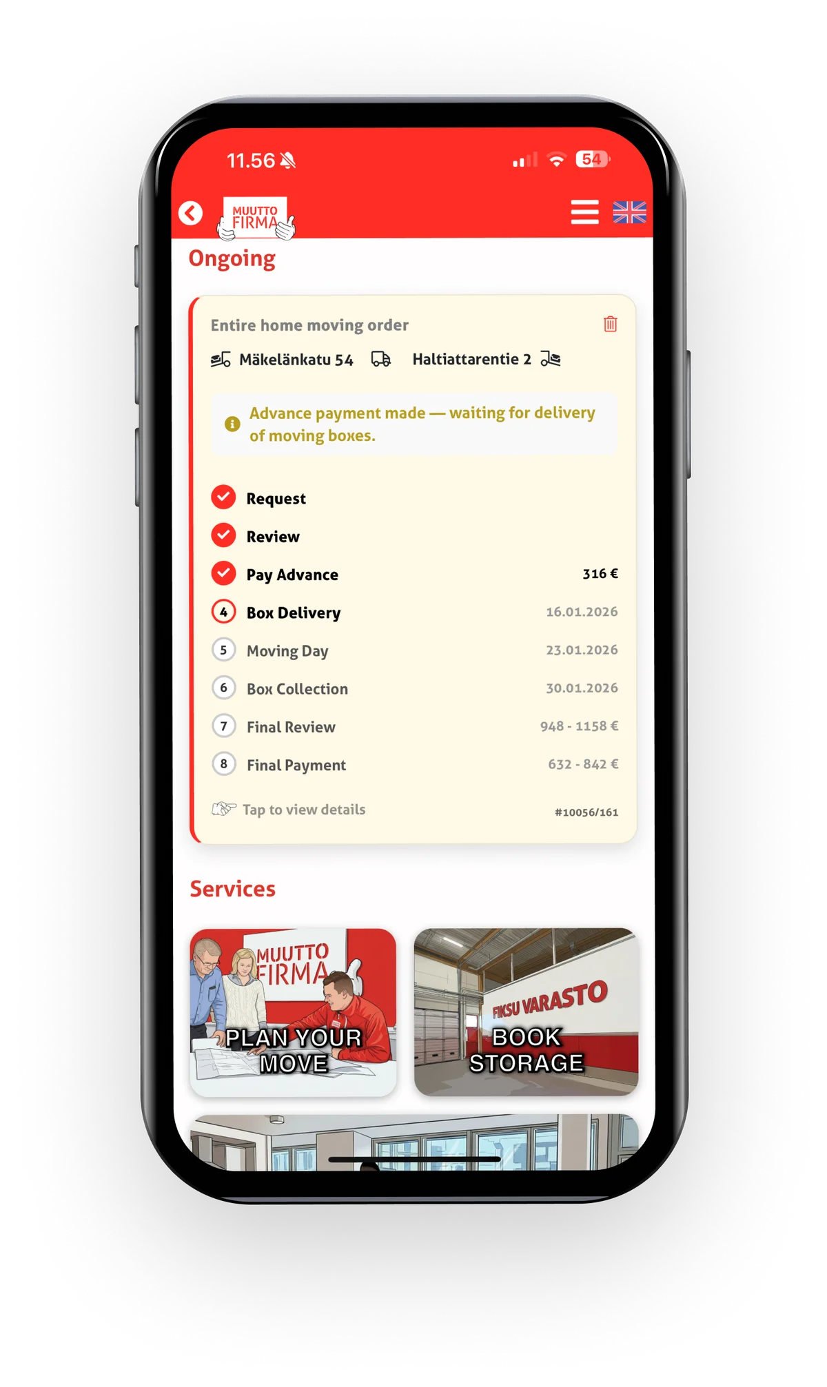 EasyMove order tracking screen with moving lifecycle steps.