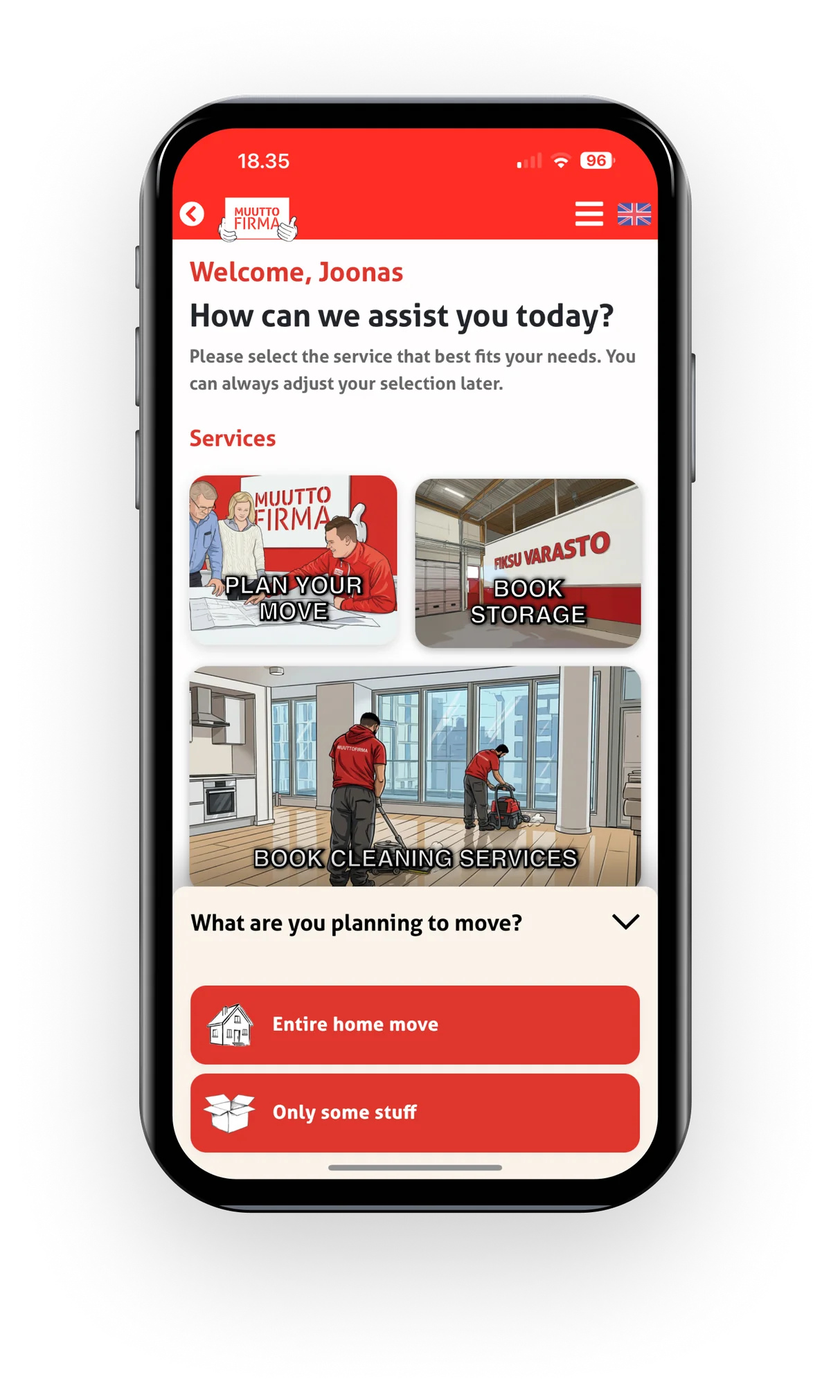 EasyMove service selection screen in the mobile app.