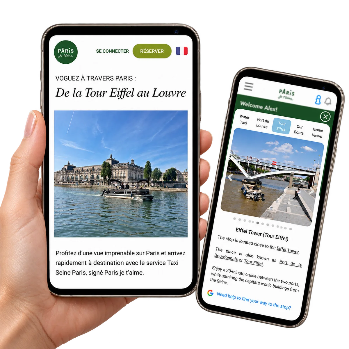 En hand håller telefonen med den publika mobilwebbplatsen, bredvid en telefon med Eiffeltornets avgångsplats.