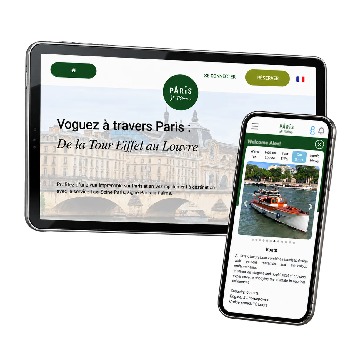 Taxi Seine Paris franska webbplats på en surfplatta och varumärkesanpassad båtinformationssida i en telefon.