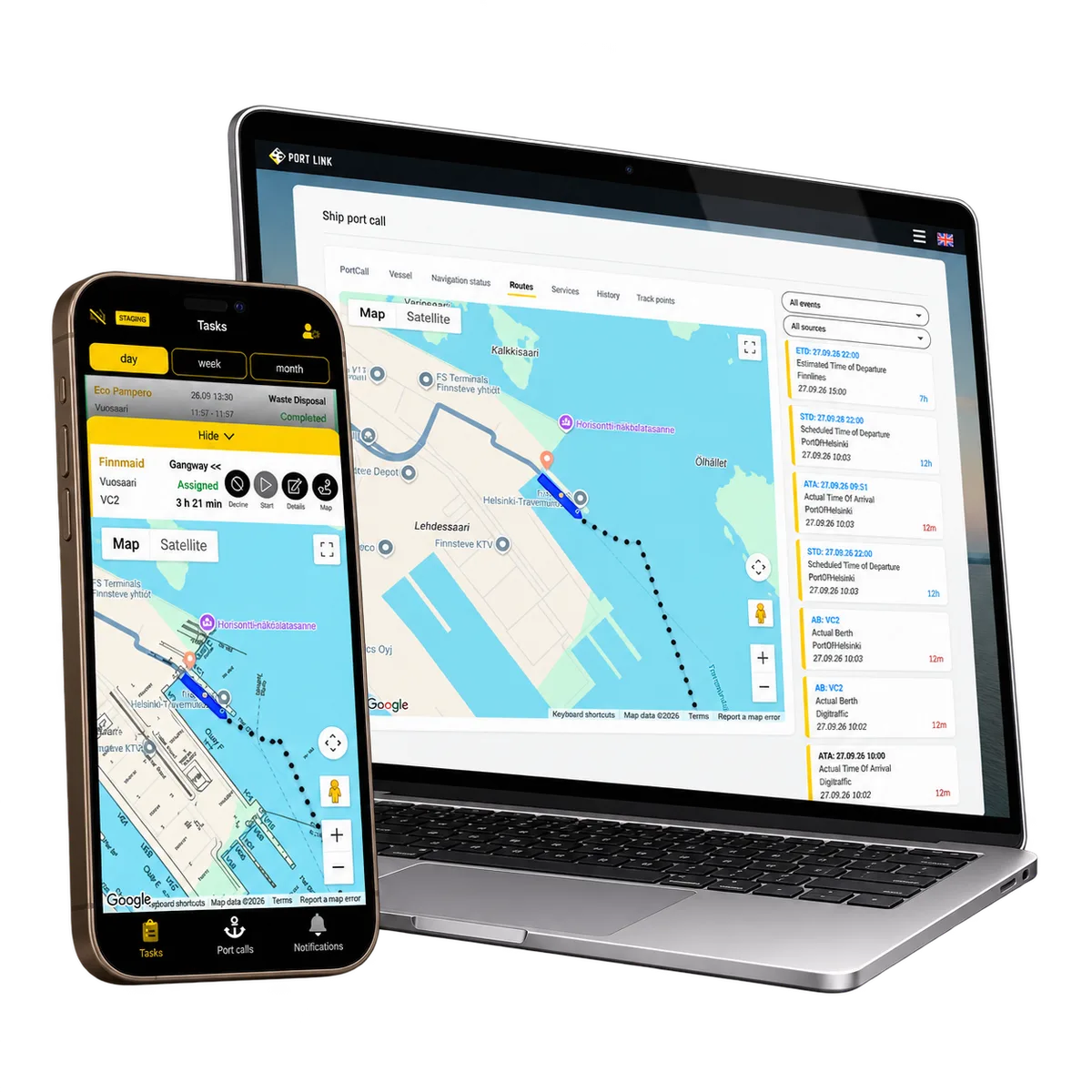 PortLinks infartsrutt och källhändelser på en bärbar dator bredvid ett mobilt hamnschema.