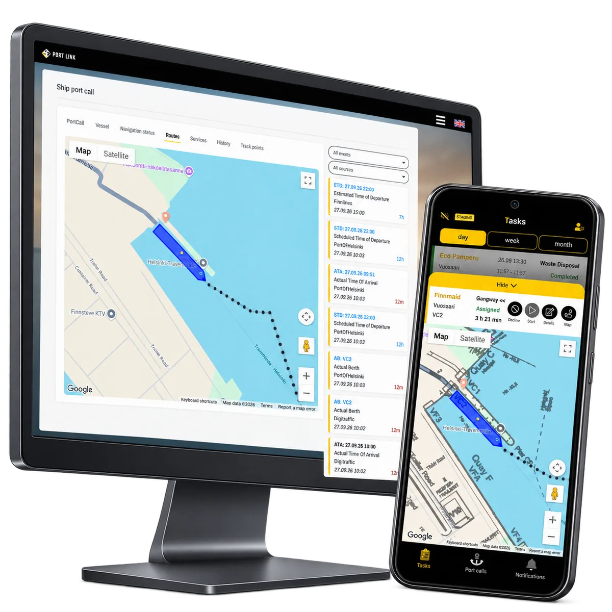 PortLinks fartygskarta på dator och ett kajschema i närbild på mobil.